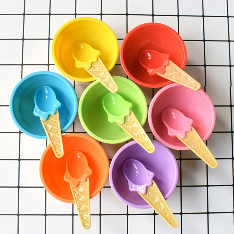 1set Ice Cream Bowl Set Different Color Ice Cream Spoon Bowl Tableware Set Lovely Dessert Bowl Children Cartoon Bowl