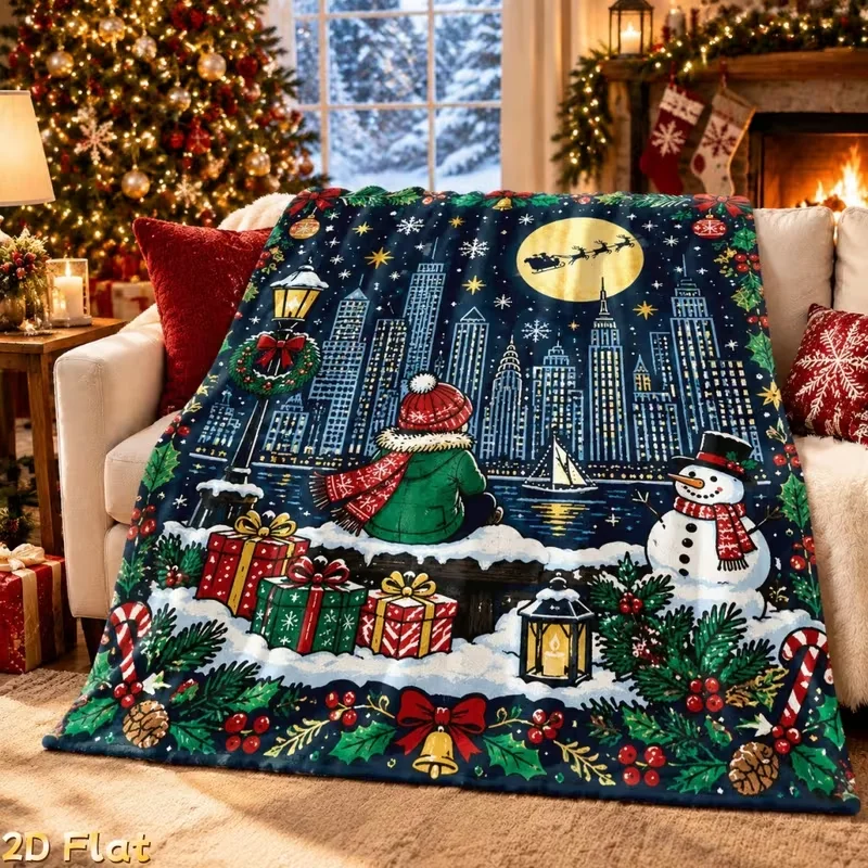 Christmas Cityscape Snowman Scene Fleece Blanket Cozy High-Definition Print Perfect for Sofa, Couch Bed, and Home Decor Gift