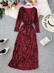 Women's Long-sleeved Party Dress New Sequin Temperament Banquet Host Elegant V-neck Waist Lacing Sexy Dress ML454