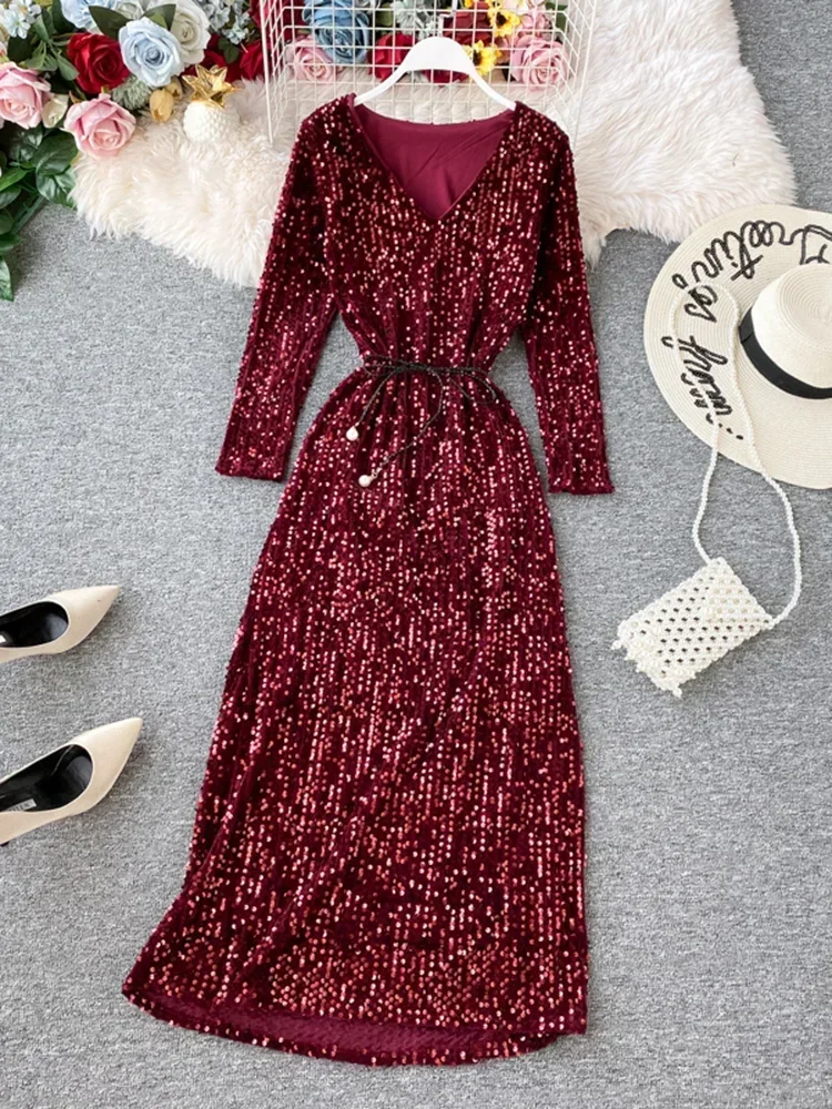 Women's Long-sleeved Party Dress New Sequin Temperament Banquet Host Elegant V-neck Waist Lacing Sexy Dress ML454