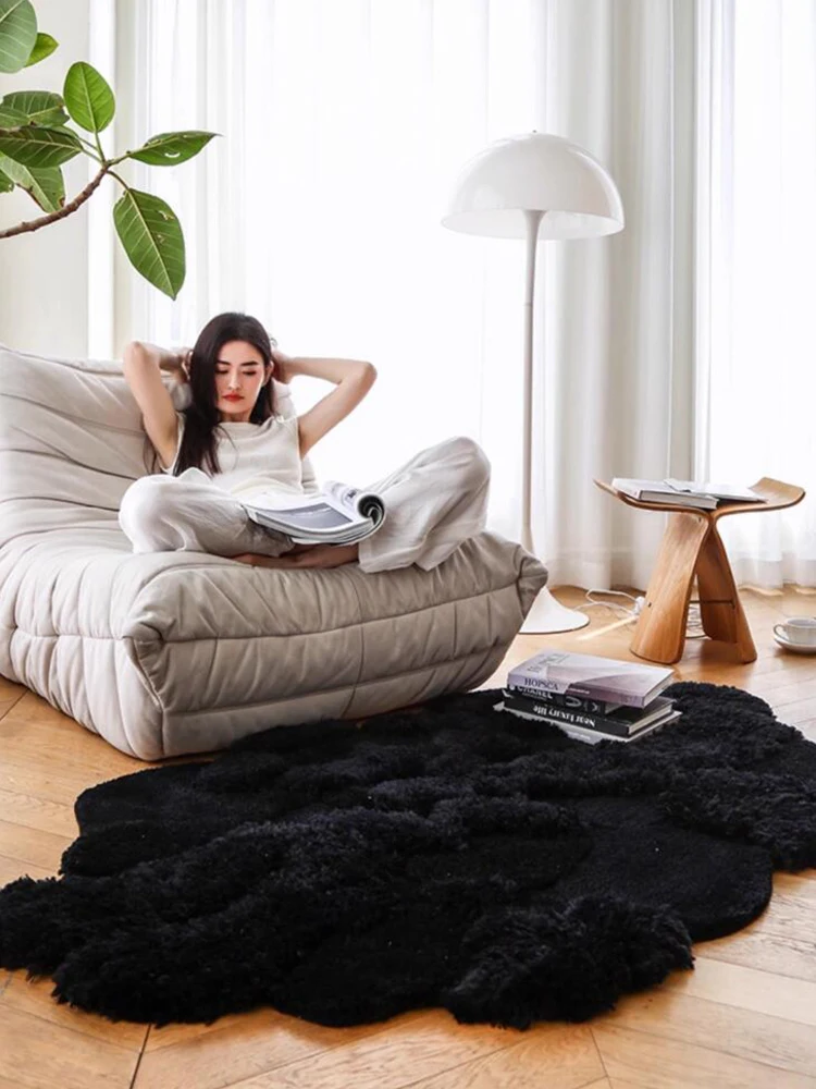 Black Thick Irregular Area Carpet Living Room Soft Thick Sofa Floor Foot Pad Plush Fluffy Window Carpet Bedroom Bedside Tufted