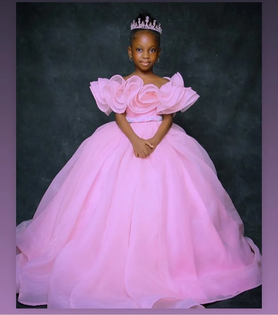 Pink Off-The-Shoulder Ruffles Tiered Tulle Kids Birthday Dresses Flower Girl Dresses Off the  Ball Gowns for Wedding