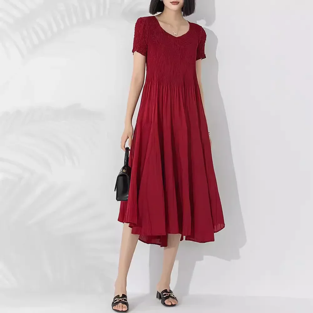 Pleats Pleated Dress New Women Hand Pleated Solid Round Neck Short Sleeve Casual Comfortable Elegant Thin Mid-length Dresses