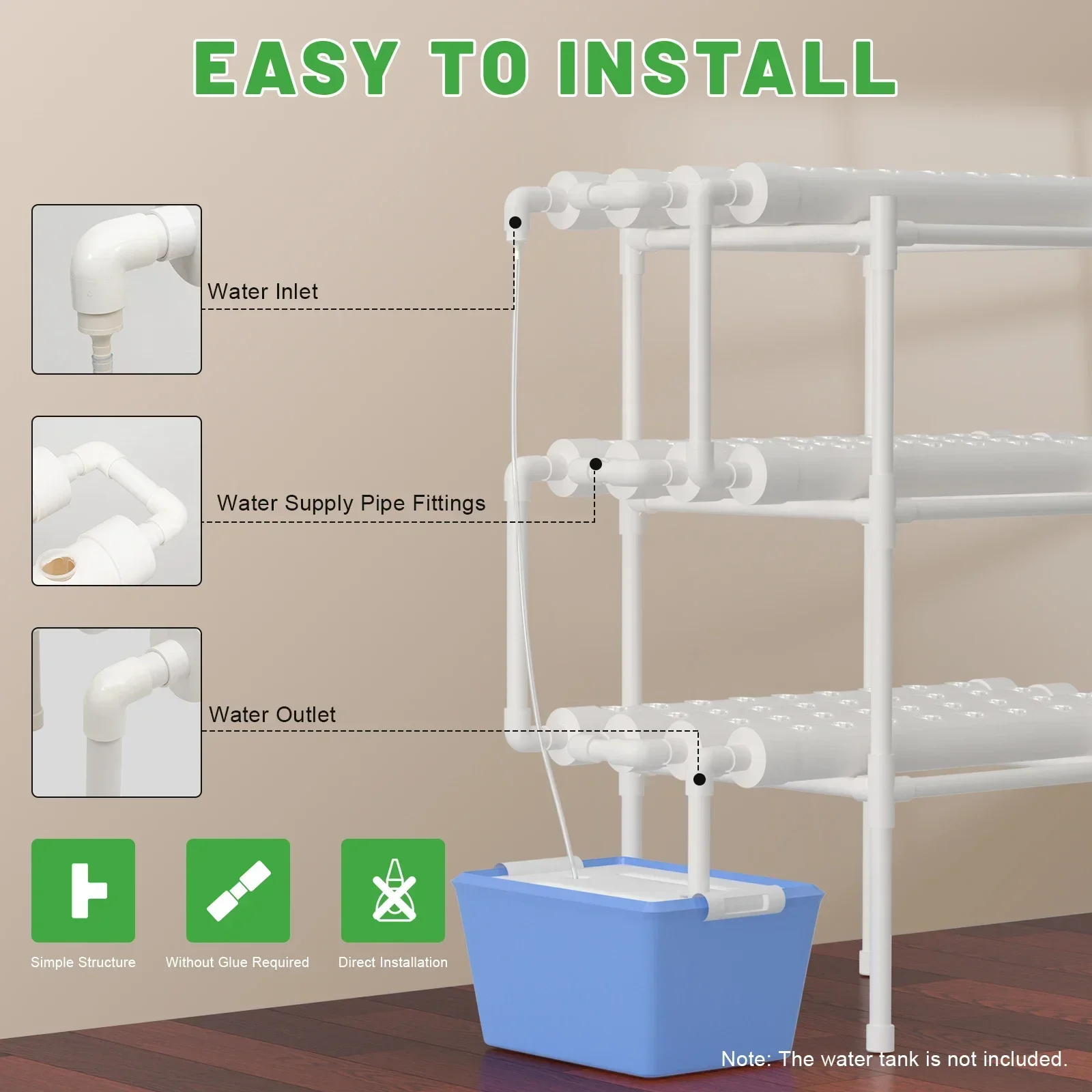 Système hydroponique 108 trous 12 tuyaux 3 couches PVC-U ensemble de culture de jardin, système de culture de plantes sans sol avec pompe à eau pour jardin