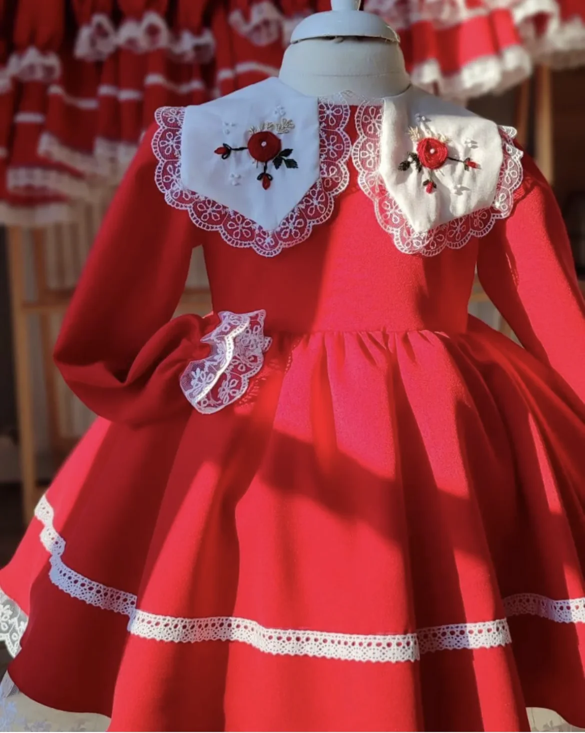 0-12Y Baby Girl Autumn Flowers Handmade Embroidery Red Dress for Birthday Holiday Photography Eid Christmas Casual C43