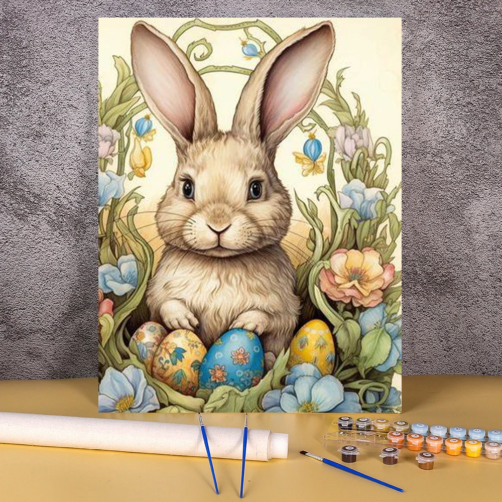 Imágenes de huevos de Pascua por número, Kits de conejos de dibujos animados, pintura por números, dibujo sobre lienzo, regalo artesanal pintado a mano, decoración del hogar