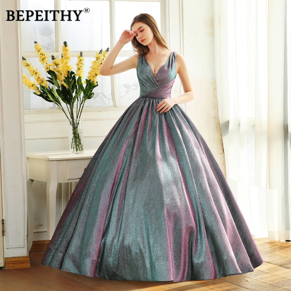 BEPEITHY Simple V Neck Glitter Long Prom Dress For Women 2023 Dubai Shinning Ball Gown Luxury Evening Party Gown Formal Occasion