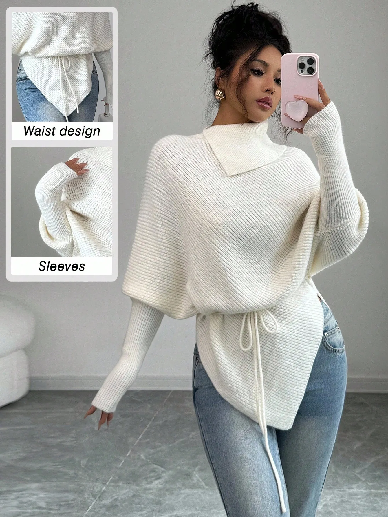 

Women's High Neck Batwing Sleeve Asymmetrical Sweater with Tie Waist - Fall Winter Knit Pullover