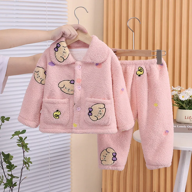 

Girls Warm Clothing Sets Winter Children Thick Velvet Coats Pants 2pcs Cute Suit For Baby Homewear Tracksuits Kids Pajamas 4 5Y