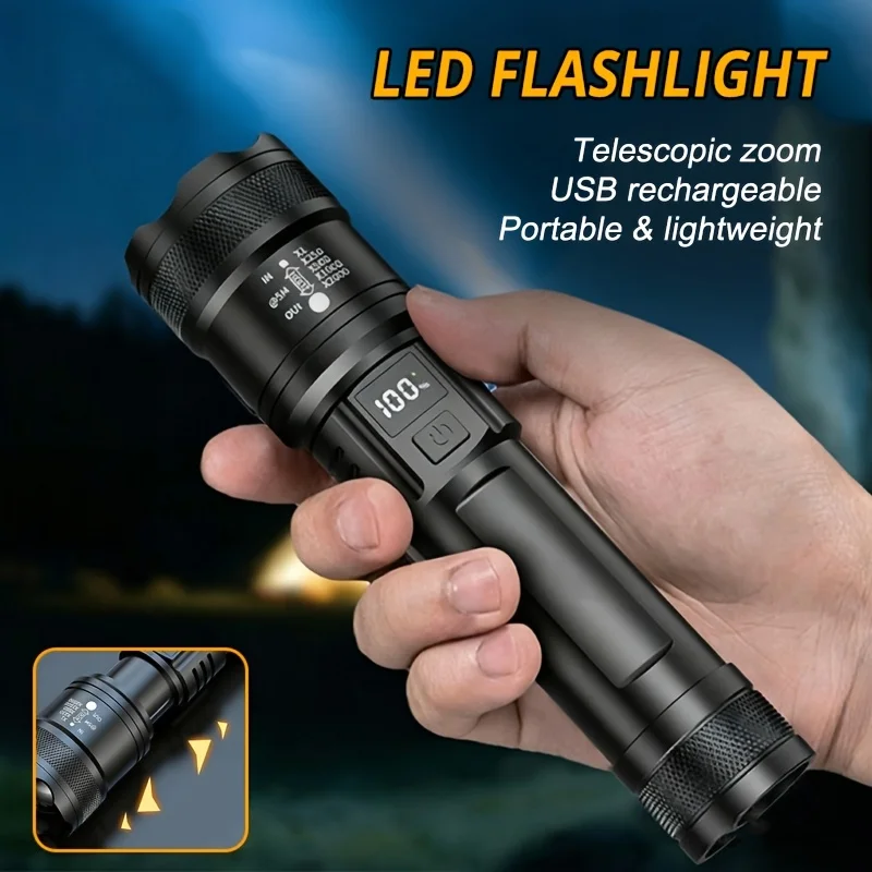 High Power Led Power Display Flashlight USB Rechargeable Zoomable Tactical Torch with Built-in Battery Outdoor Camping Lantern