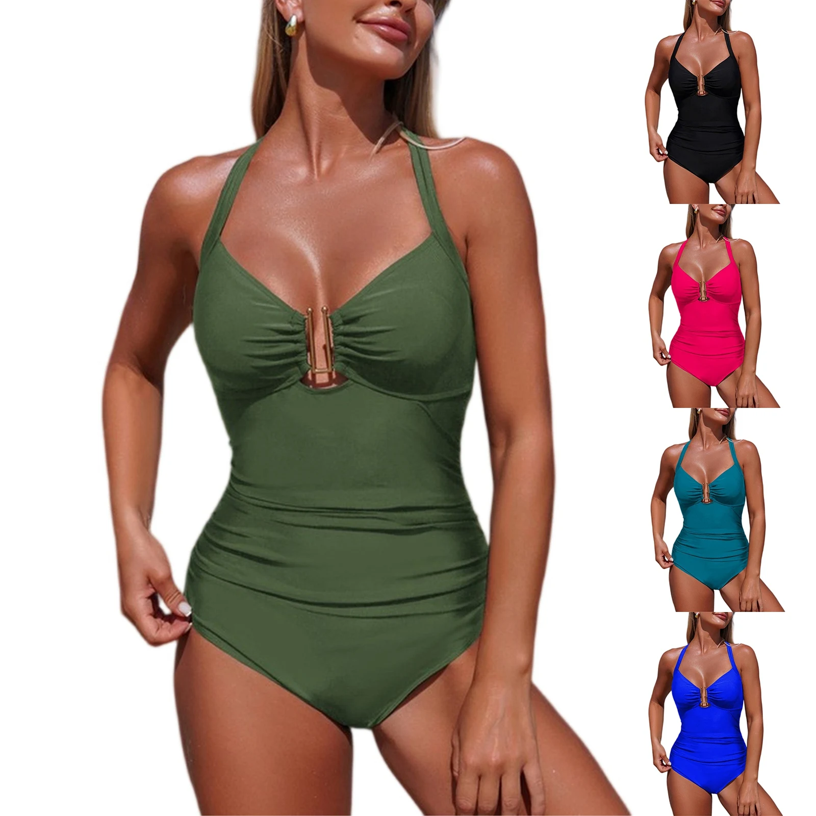 Summer Twist Front Cutout Push Up Swimsuit Crisscross Back Ruched Tummy Control One Piece Beach Elegant Slimming Bathing Suit