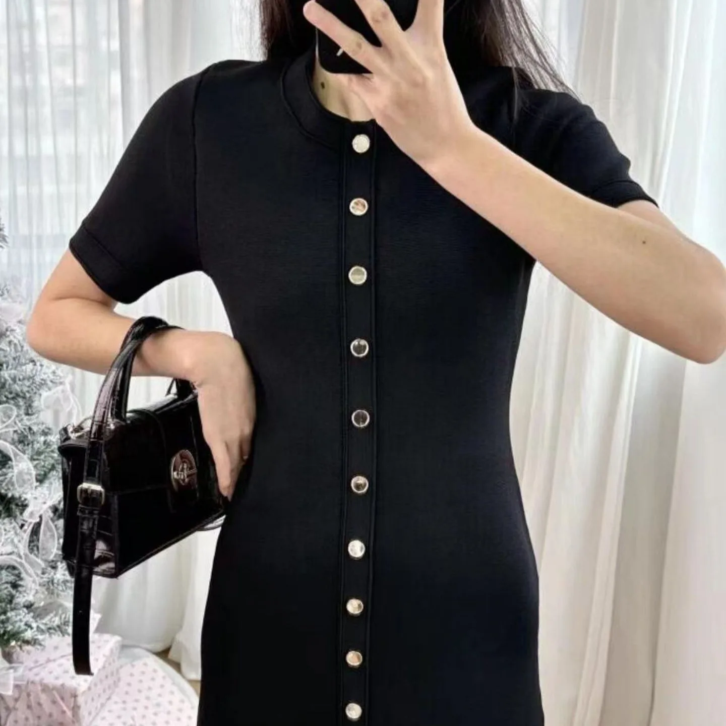 

Women Ruffle Edge Knitted Dress Spliced Round Neck Short Sleeve Single Breasted Spring Slim Elegant Knit Mini Robe