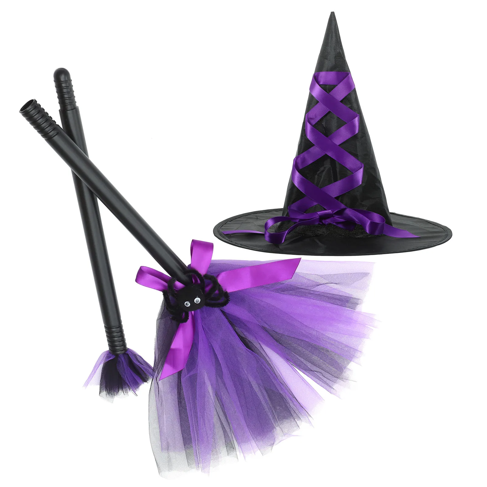 

Halloween Witch Hat Set Purple Party Cosplay Masquerade Costume Accessory Broom Prop For Women Girls Dress Up Role Play Gift