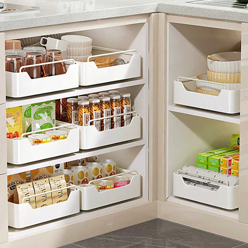 Pull Out Cabinet Drawer Organizer Carbon Steel Slide Out Pantry Shelves Kitchen Seasoning Bottles Cans Tableware Storage Trays