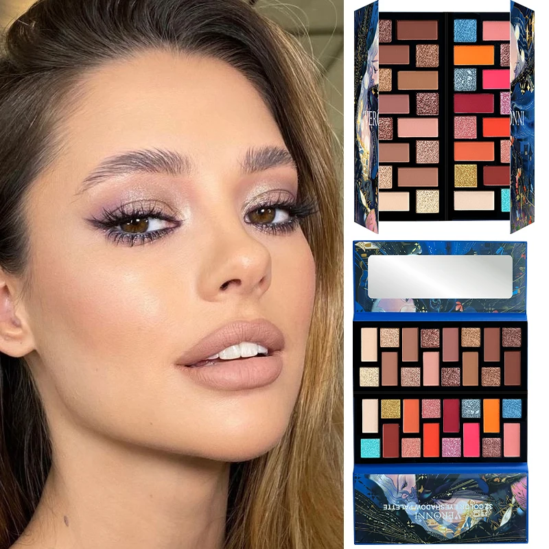 32-Farben-Lidschatten-Palette mit samtmattem Schimmereffekt, perlmuttartiger, feiner Glitzer, langlebige, wasserfeste Beere, braune Nude-Töne