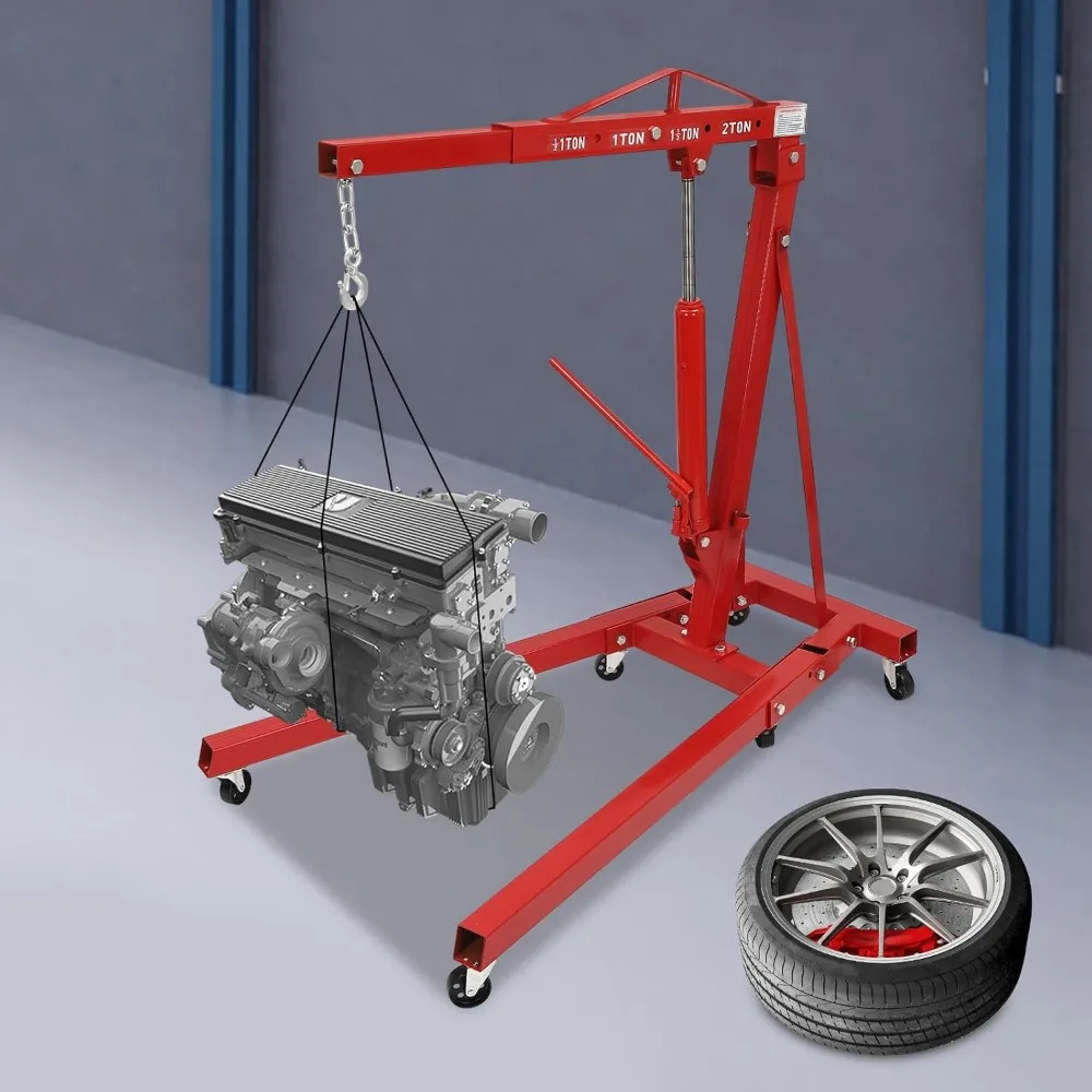 2-Tonnen roter zusammenklappbarer Motortakel, robuster hydraulischer Ladenkran mit 6 Rollenrädern, einstellbare 0,5-2T-Kapazität für Autoreparaturen