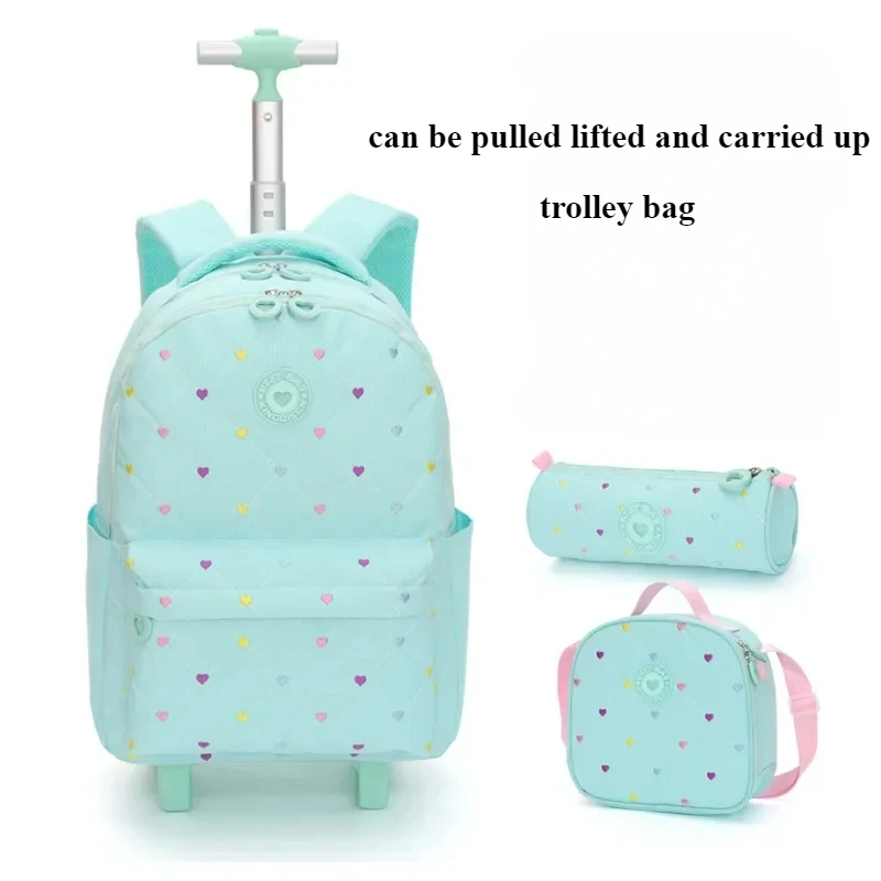 Trolley Bags for School Girls Kids School Backpacks with Adjustable Large Capacity Wheels Middle  School Trolley Luggage Bookbag