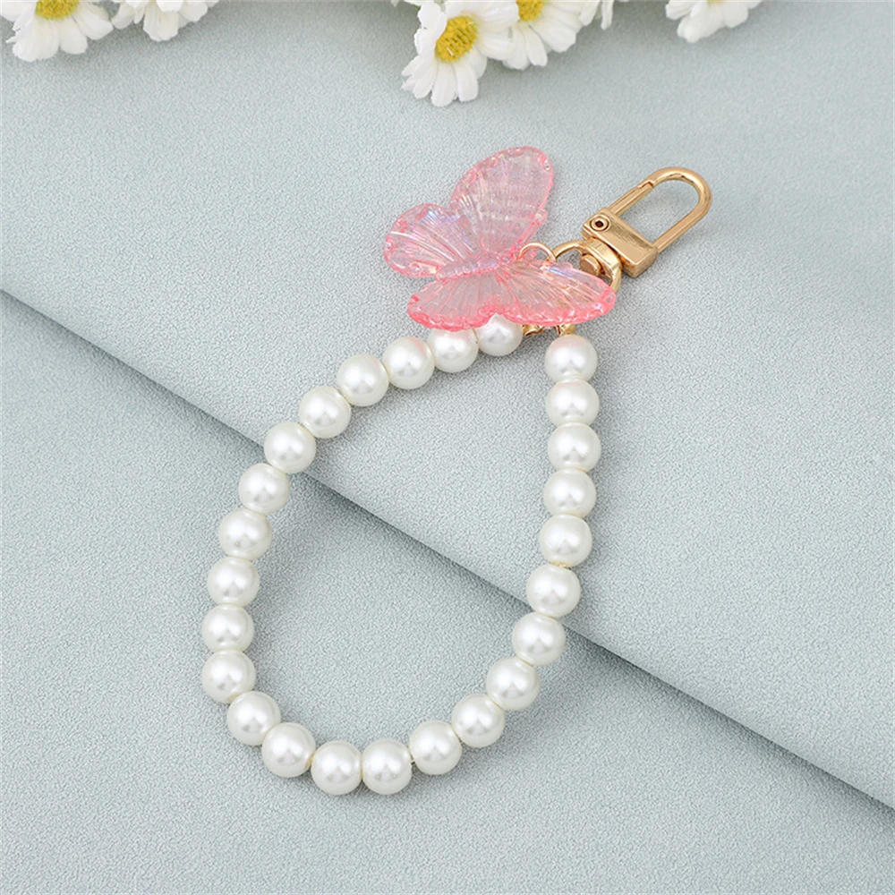 Pearl Beaded Chains Butterfly Pendant Keychain Cute Sweet Keyring For Women Girl Handmade Jewelry Handbag Decoration Accessories