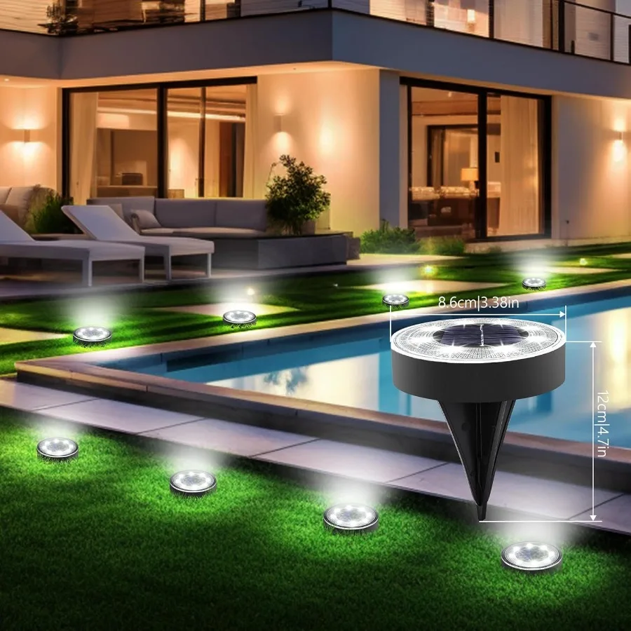 Solar-Bodenleuchten, 4er-Pack mit 8 LEDs, wasserdichte IP68-Scheibenleuchten für den Außenbereich, für Garten- und Landschaftsbeleuchtung, ideal für Terrassenwege