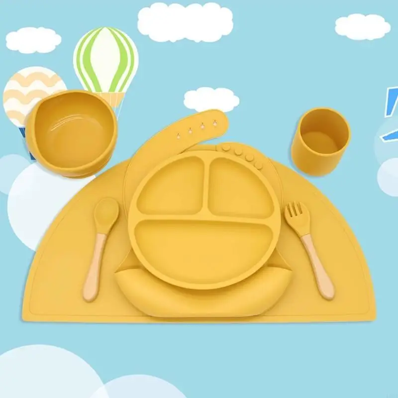 

Baby Silicone Bib Divided Dinner Plate Suction Bowl Spoon Fork Water Cup Placemat Set Training Feeding Utensil Dish L8RB