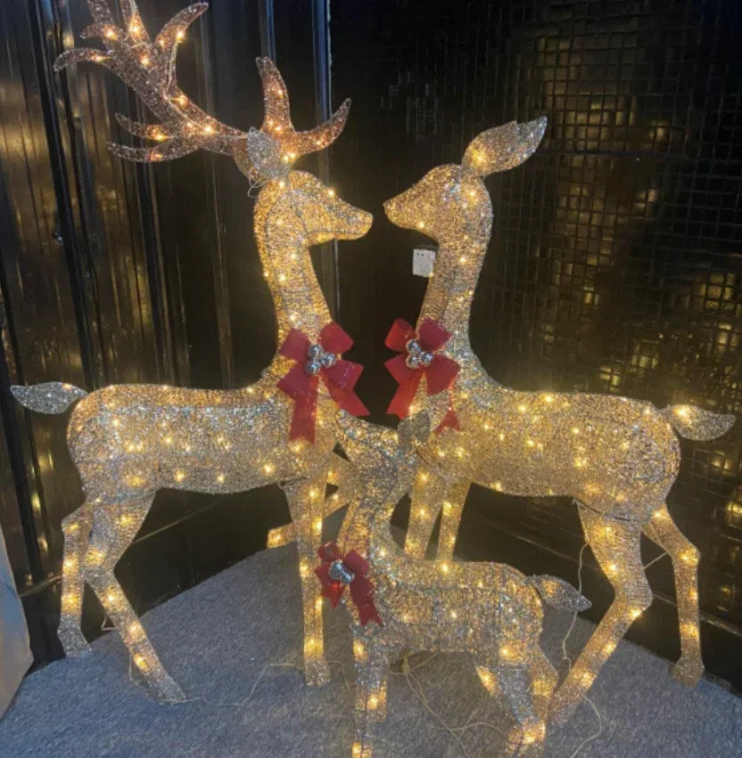 Large 3 Piece LED Lighted Holiday 3D Deer Family Buck Doe Fawn reindeer Christmas motif light for outdoor Christmas decorations