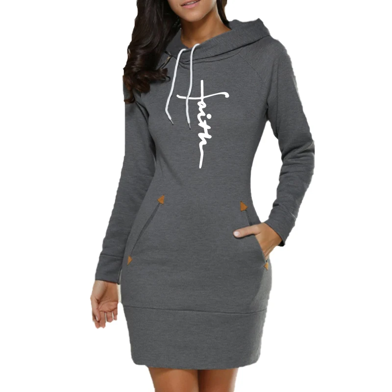 Women Hoodie Dress Sweatshirt Pullover Dress Autumn Winter Printed Cotton Long Sleeve Slim Pocket Hoodie Dress S-3XL