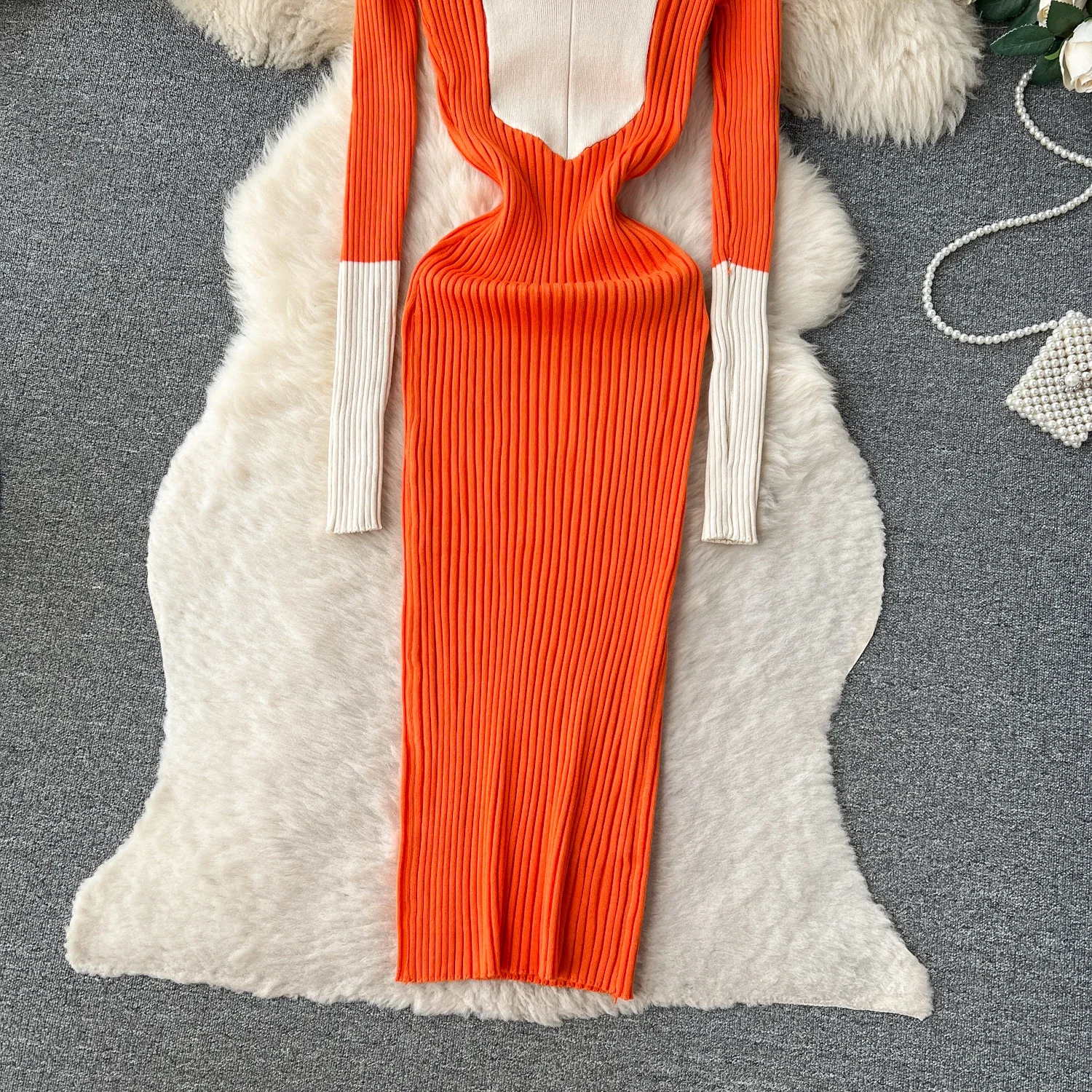Damen Maxi-Kleid mit Block-Polokragen, elastischem Rippstrick, langen Ärmeln, figurbetontem Pullover-Look, schlankes, elegantes Party-Outfit – Detail 8