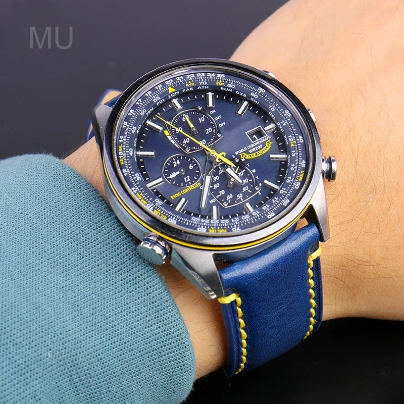 For Citizen Blue Angel Air Eagle  AT8020 Jy8078 First Second Generation Comfortable and Breathable Cowhide Watch Strap 22 23mm