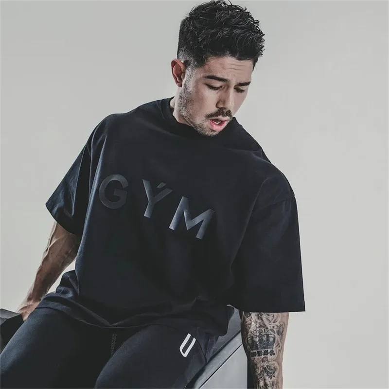 S-5XL Gym T-shirt Men Cotton Sports Short Sleeve Running T Shirt Fitness Loose Workout Tees Tops Summer Bodybuilding Clothing