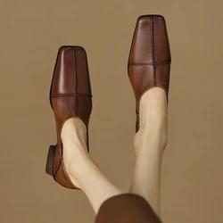 Women's New Spring and Autumn Square Head Vintage Genuine Leather Cowhide Comfortable High Heel Deep Mouth Oxford Single Shoes