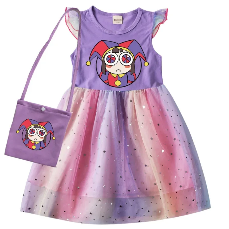 New Movie The Amazing Digital Circus  Girl Dresses Kids Clothes Carnival Cosplay Costume Children Short Sleeve Casual Dress bag