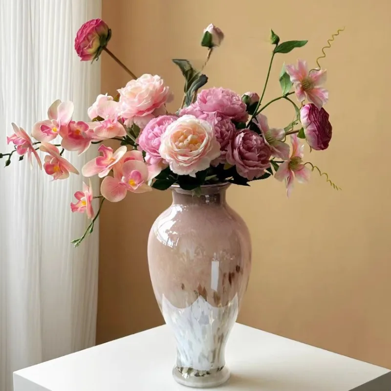 New Chinese-style glazed retro vase dining table high-end art ornaments B & B light luxury decoration hydroponic glass flower wa