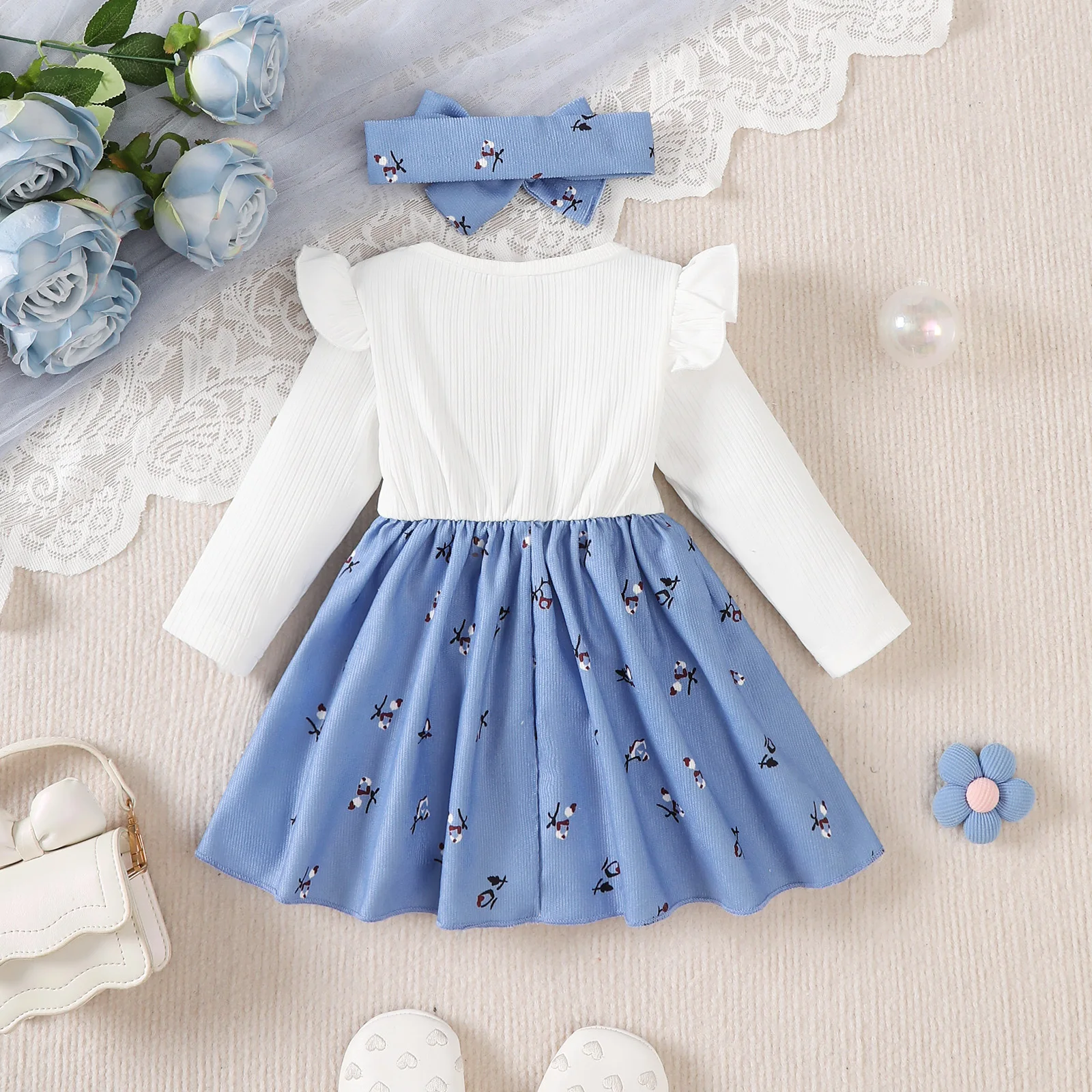0-3Year Cute Baby Girl Dress Round Neck Small Floral Large Bow Long Sleeved Dress+Headband Toddler Baby Girl Autumn Fashion Dres