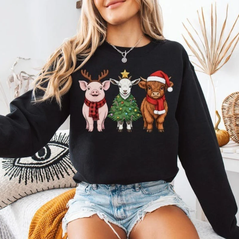 เสื้อสเวตเชิ้ตลายสัตว์เลี้ยงในฟาร์ม หมู แพะ วัวไฮแลนด์ คริสต์มาส ฤดูใบไม้ร่วงและฤดูหนาว ลายซานต้า ของขวัญสำหรับชาวนา ลายคริสต์มาส เสื้อฮู้ดเข้าชุด ของขวัญสไตล์ฟาร์มเฮาส์