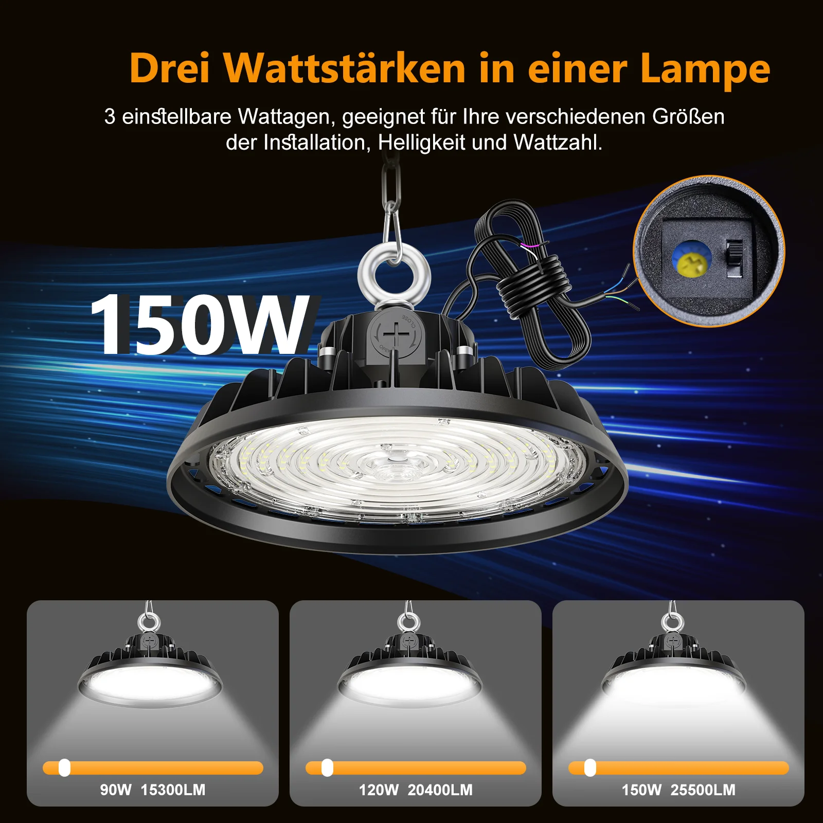 170lm/w 150w 6000K lighting 3 color temperature switchable 50000 hours UFO