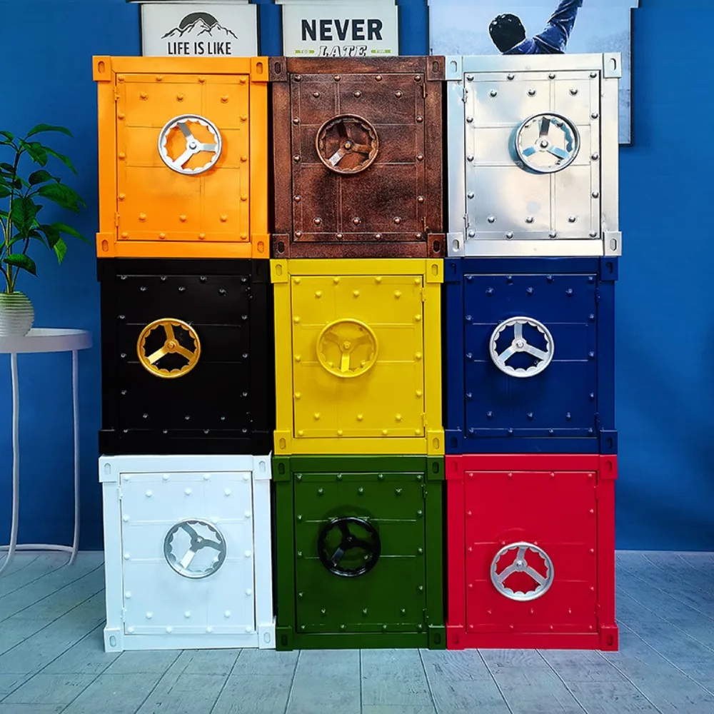 Industrial style iron sheet storage cabinet retro wrought iron bedside table decorative box nostalgic container safe ornament