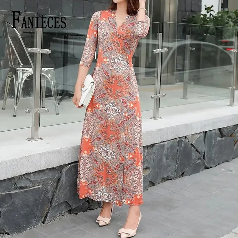 

Vintage Print One Piece Wrap Long Dresses Three Quarter Sleeve V Neck Belted-up Sexy Split Maxi Dress Party Elegant Streetwear