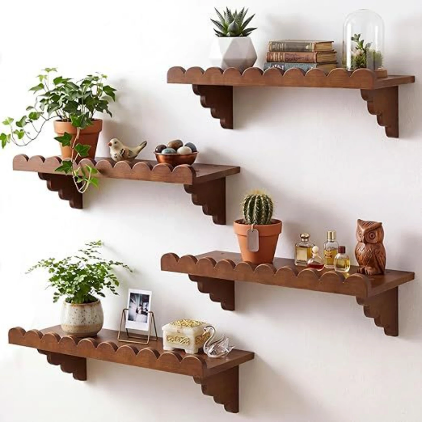 4 Pieces Scalloped Shelf Natural Wood Tone Wavy Wall Shelf Wall Mounted Bookshelf Decorative Home Storage