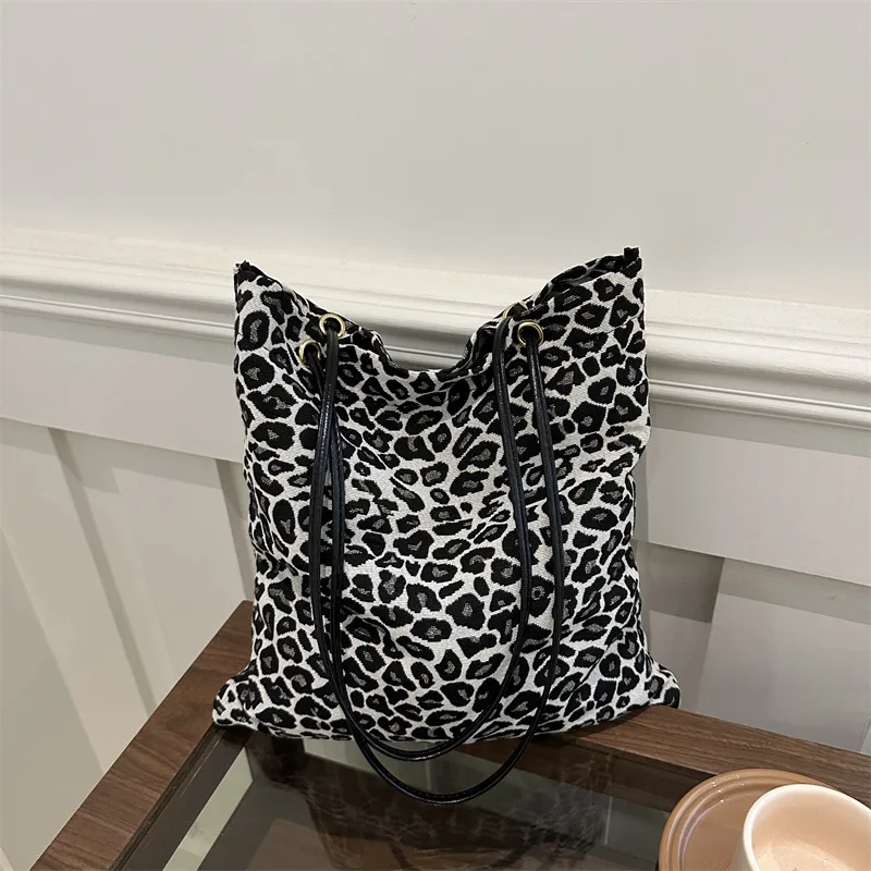 Leopard print shopping bag lazy style soft surface personalized versatile shoulder tote bag