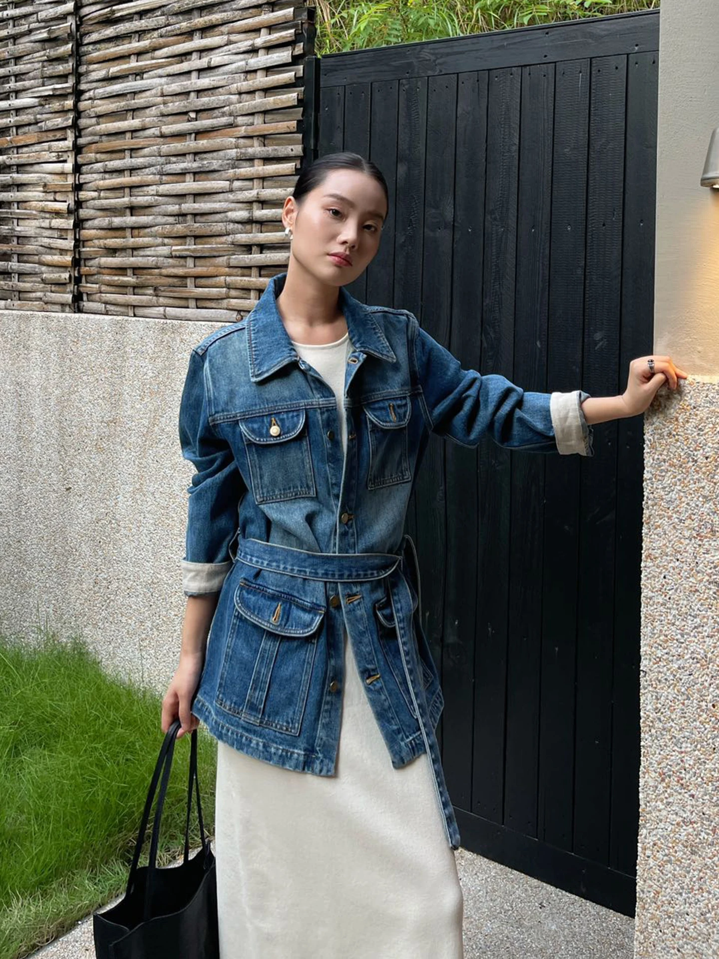 

Faionable Casual Denim Jaet Women's Commute Loose Sle French Sle Cotton Blend Fabric Long Sve Button up Coat