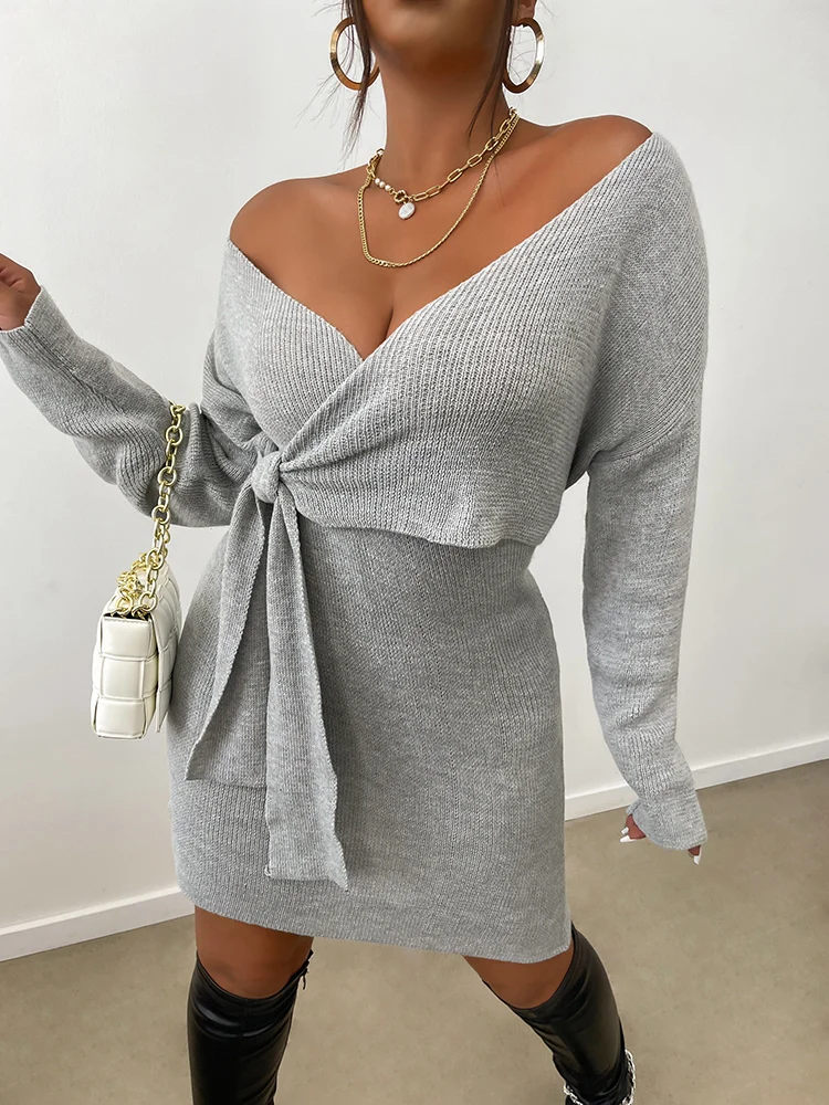 ONELINK Light Grey Deep V Neck Wrap Over Top Lace Belt High Waist Plus Size Women Sweater Dress L-3XL Big Clothing Winter Outfit