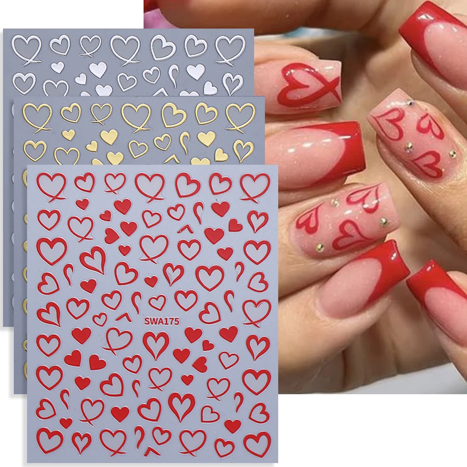 

3 шт. бронзовые наклейки для ногтей с сердечками, красные, золотые, серебряные линии, наклейки для ногтей «сделай сам», клейкий слайдер, украшение для маникюра на день Святого Валентина