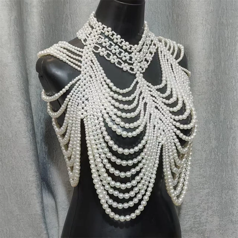 Damen-Top, mehrschichtige Perlen-Körperkette, handgewebter Schal, Harness, Braut- und Abendkleid-Accessoire, Party-Top, Damenbekleidung – Detail 8