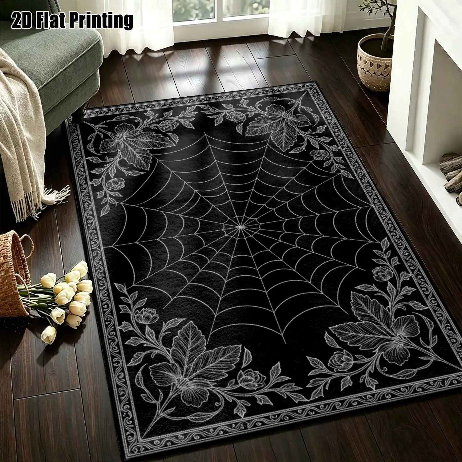 1Pc 2D Printed Carpet: Black Spider Web & Floral Pattern, Vintage/European/Bohemian Style, Geometric Line, Multi-Size, Machine Washable, Home Decor Mat for Entrance, Living Room, Bedroom, Foyer, Dining Room