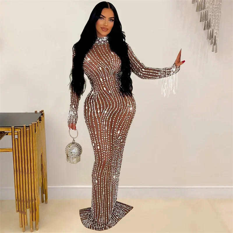 

Sparkly Crystal Rhinestones Bodycon Maxi Dress for Woman Evening Tassel Long Sleeve Mesh See Through Night Party Club Prom Dress