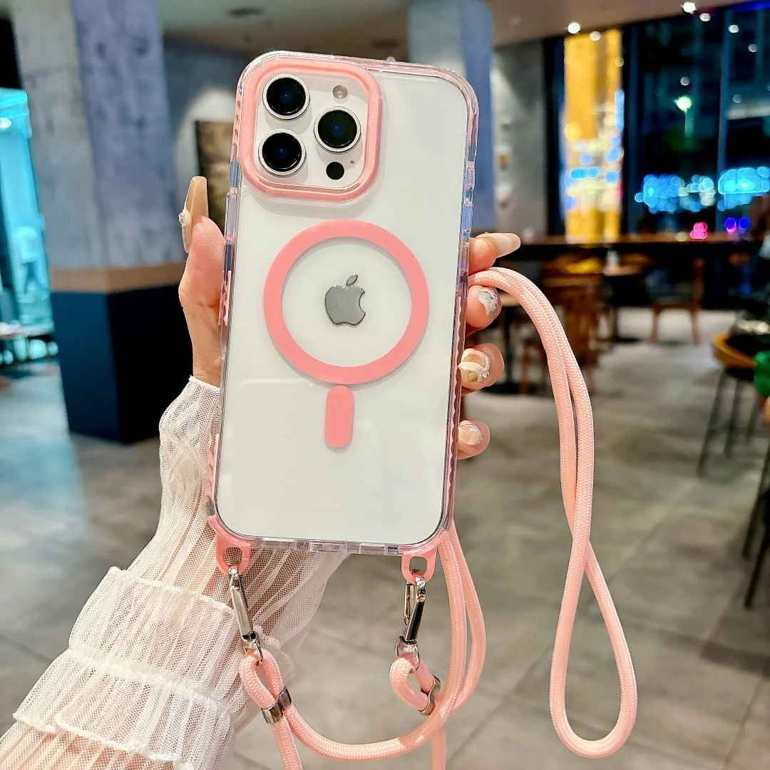 

Case For iPhone 17 16 15 14 13 Air Pro Max Plus Clear Magsafe Contrast Color Long Crossbody Lanyard Neck Shoulder Strap Cover