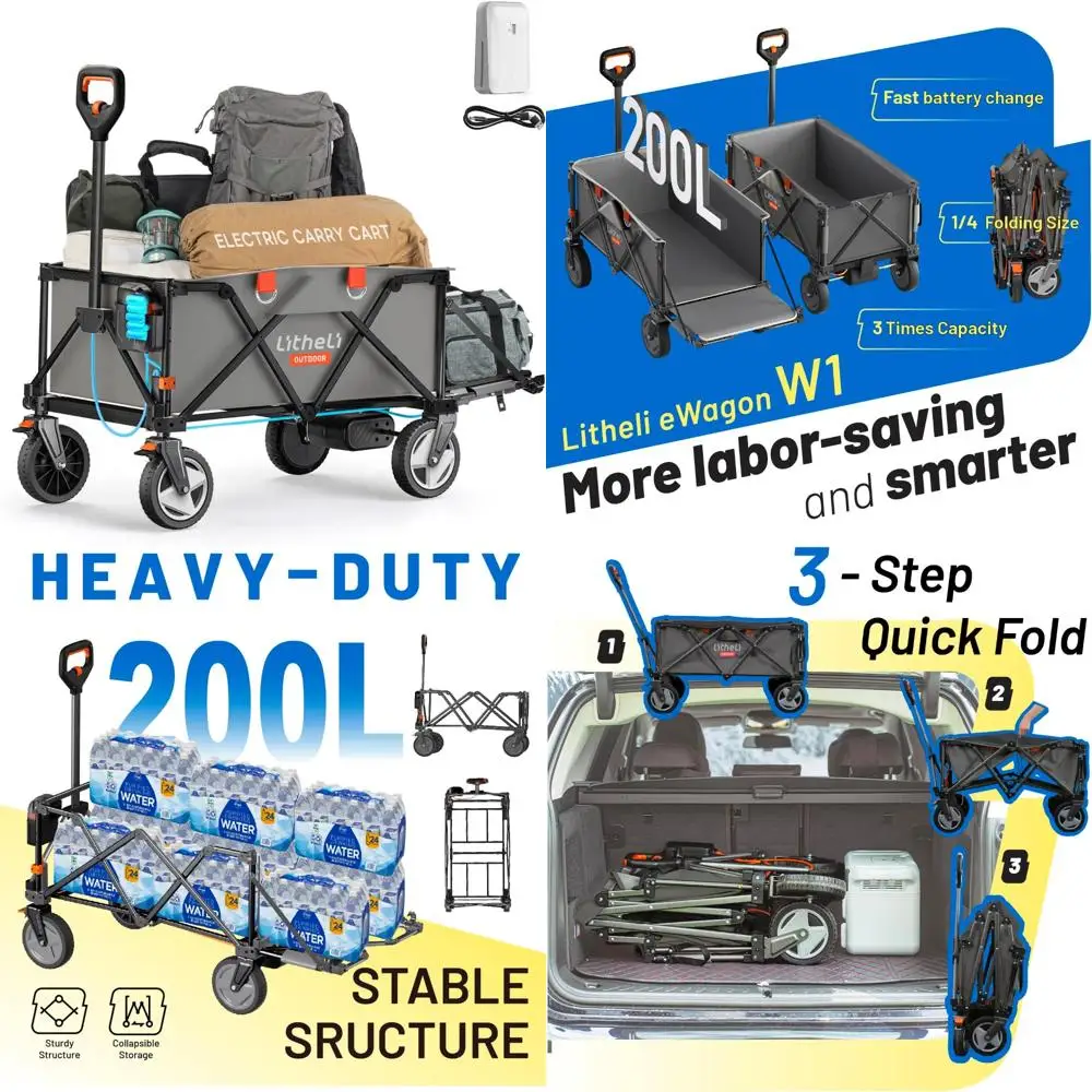 

Heavy-Duty Foldable Utility Cart with 200L Capacity, 300 lbs Load, All-Terrain Wheels, Variable Speed for Outdoor Use