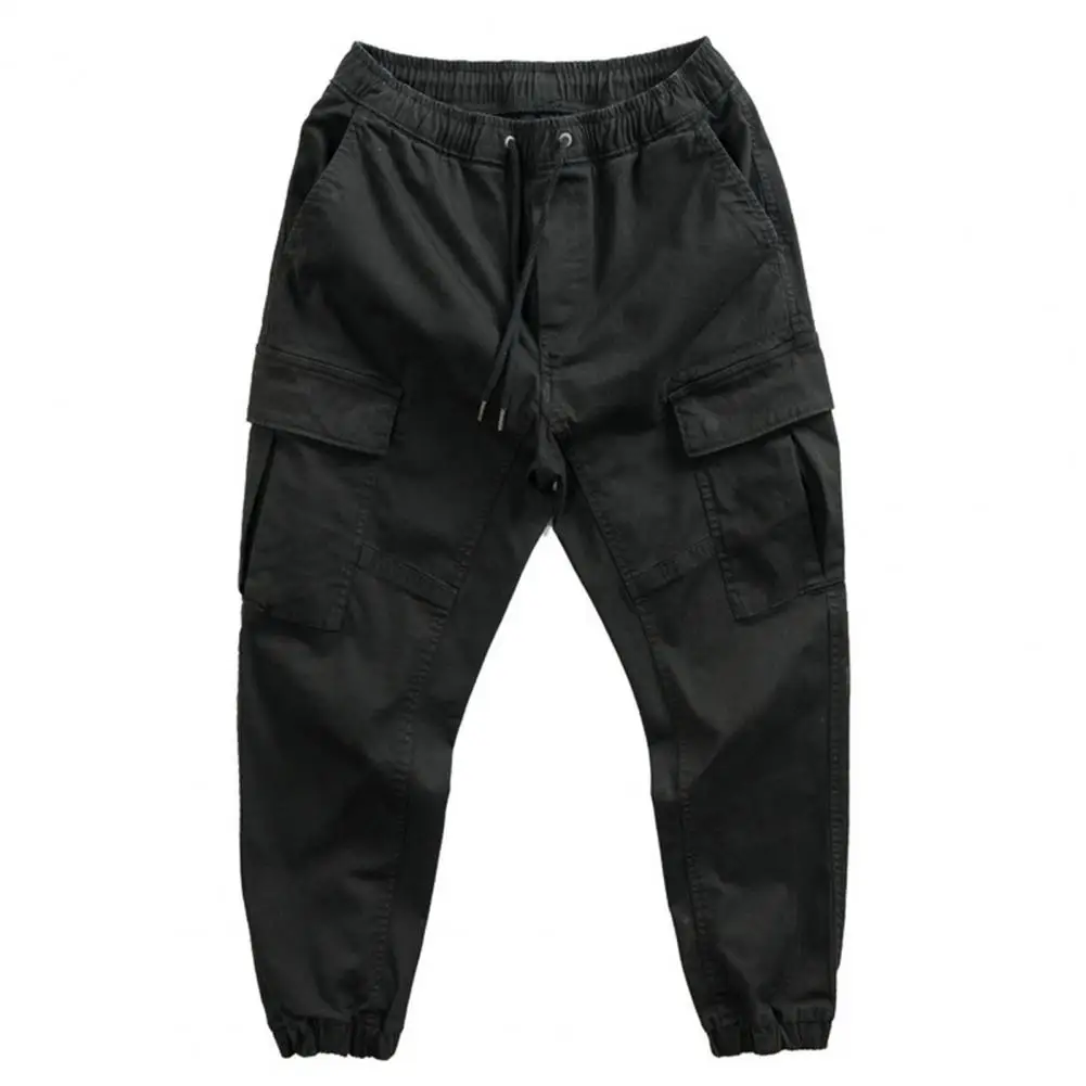 Casual Loose Drawstring Pants Multiple Pockets Elastic Waist Polyester Men Lace-up Overalls Outdoor Trendy Cargo Trousers