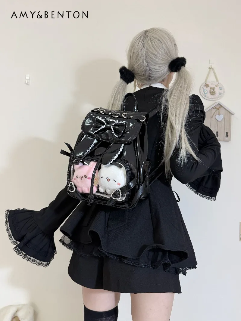 Japanese Lolita Mine Series Lace Bunny Ear Backpack Small Capacity Itabag Women Cute Bow Heart Rhinestone Buckle Kawaii Backpack