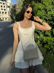 HH Woman Summer High Street Slim Short Dress Pleated Dress Women Elegant Square Collar Sleeveless Solid Mini Dress 3 Color
